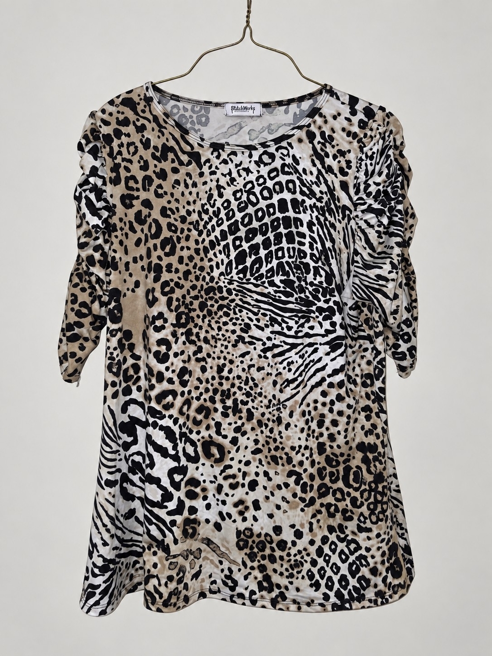 Susan Graver Beige and Black Animal Print Ruched Sleeve Top